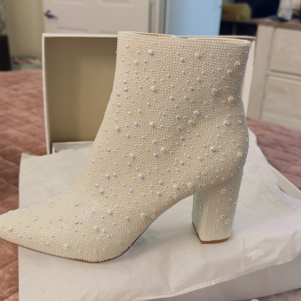 Betsey Johnson Pearl-Embellished Cream Block Heel Ankle Boot
